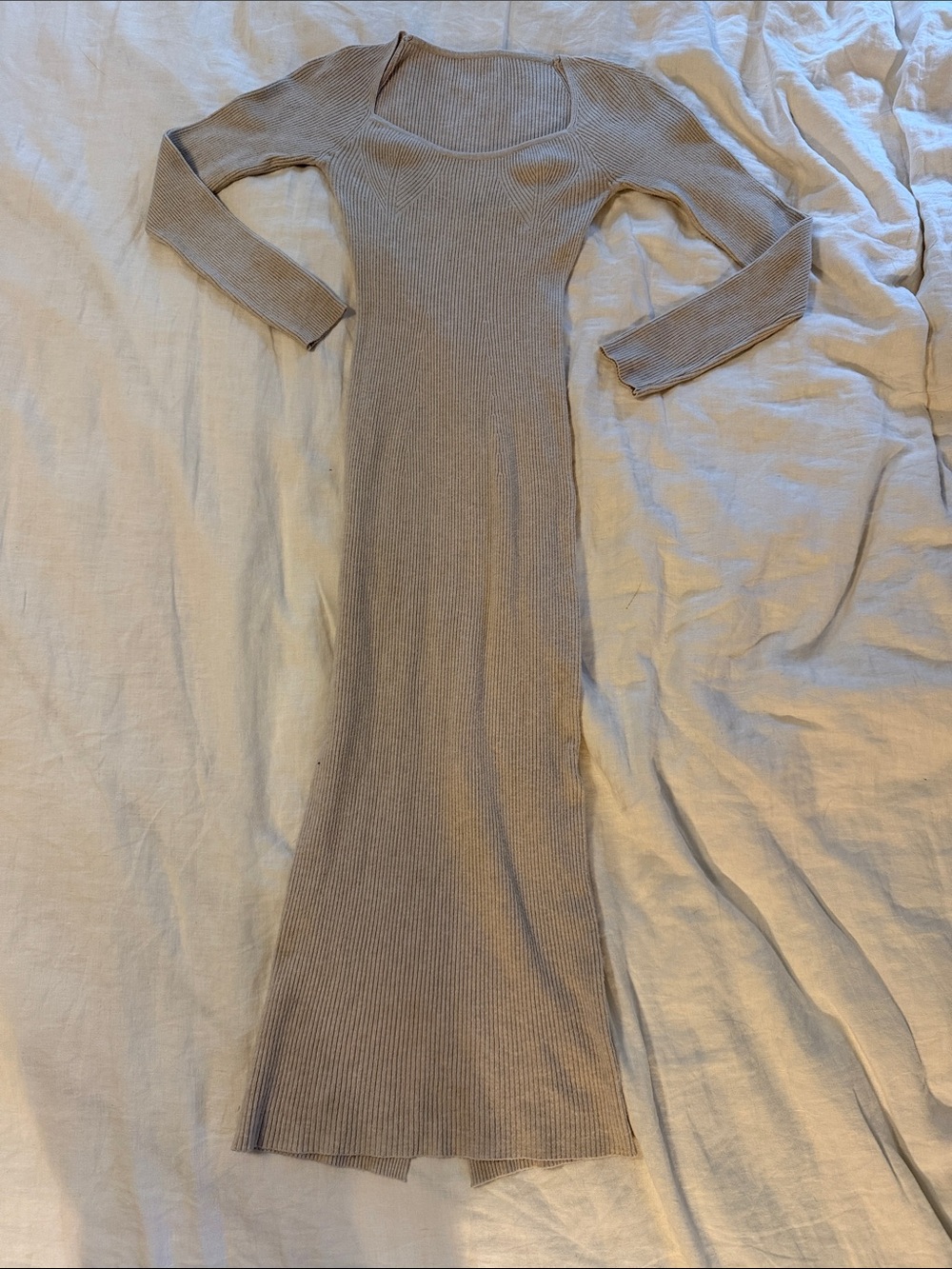 Ribbed Long Sleeve Midi Dress in Taupe